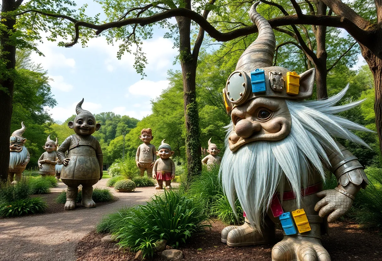 Large troll sculptures made from recycled materials at the North Carolina Arboretum